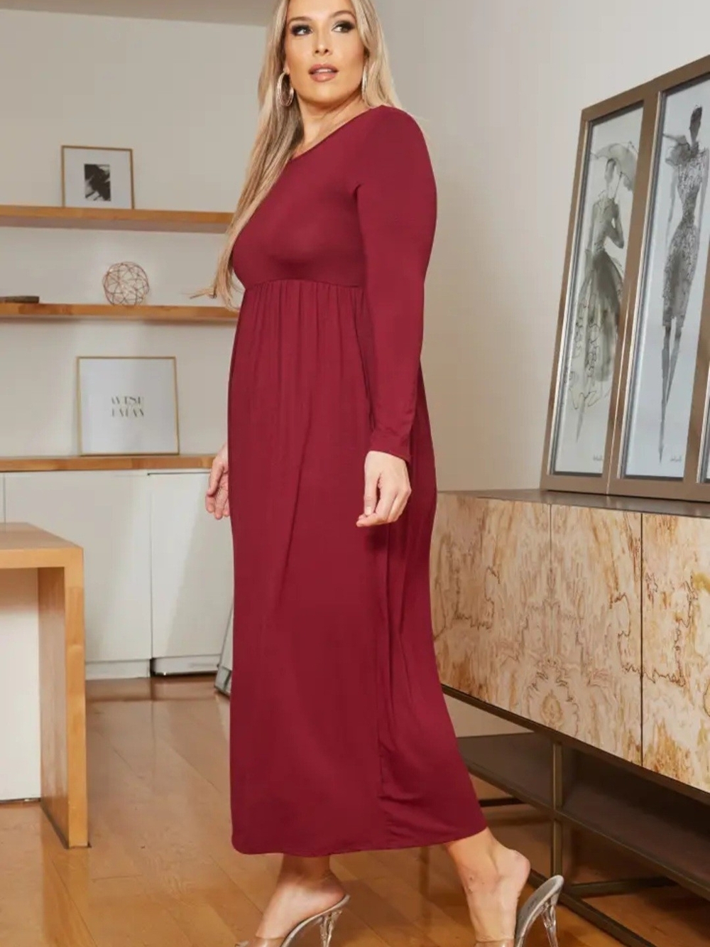 Women’s Long Sleeve Maxi Dress in Burgundy - Picture 2 of 5